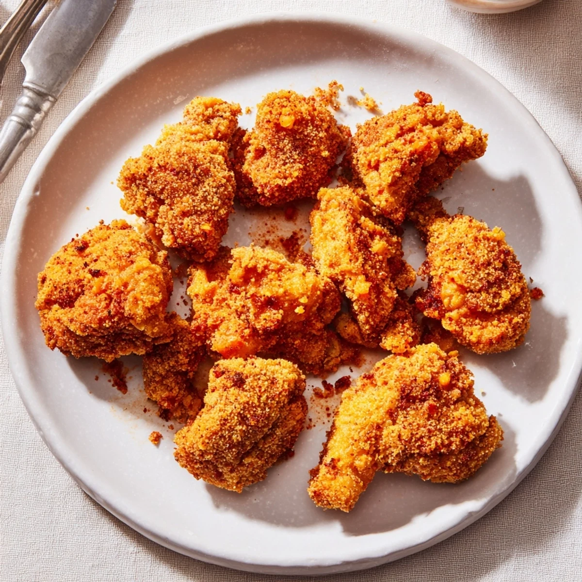 Golden brown crispy spicy jalapeño chicken breast plated with fresh jalapeño slices