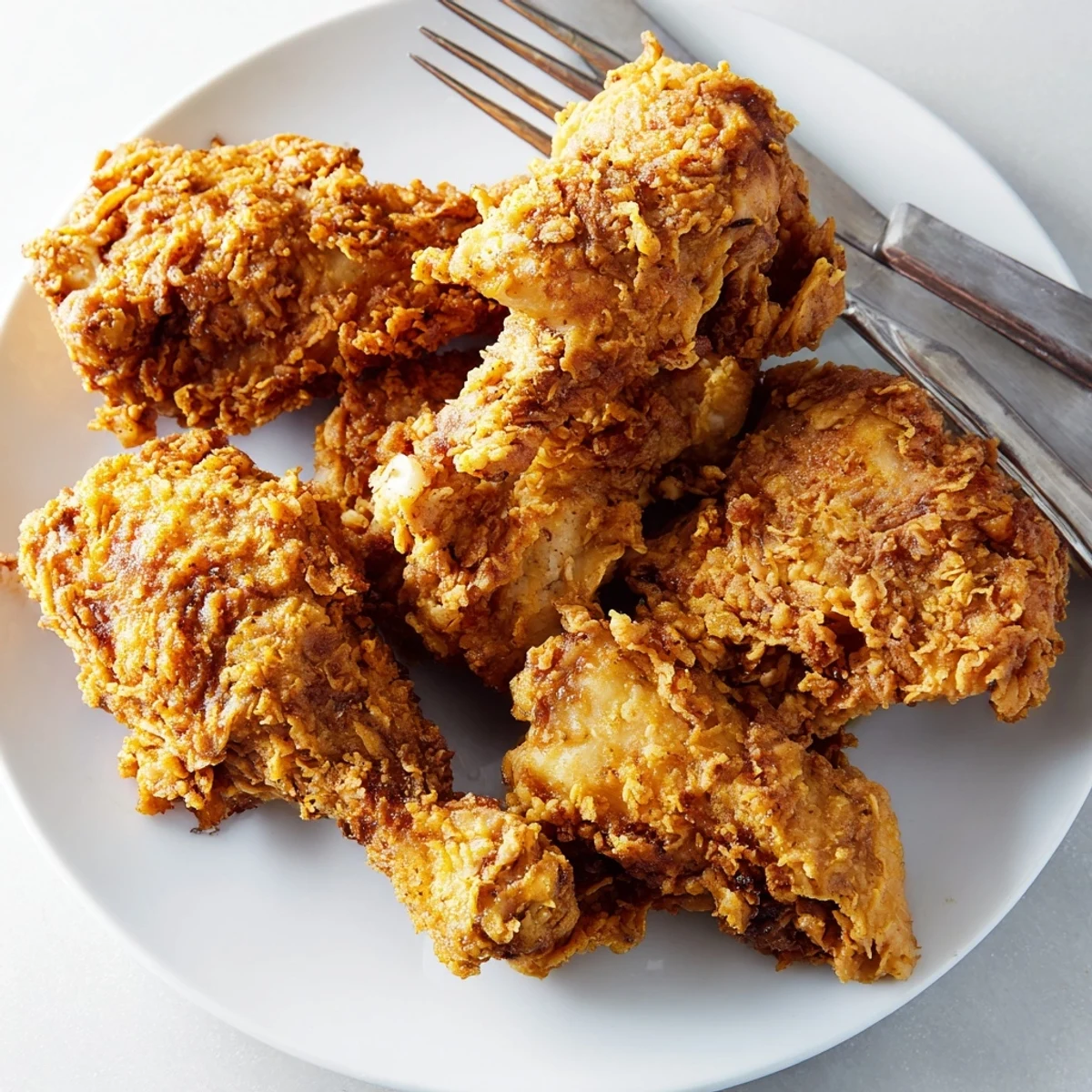 Fried chicken pieces with crunchy jalapeño cornmeal coating on white serving platter