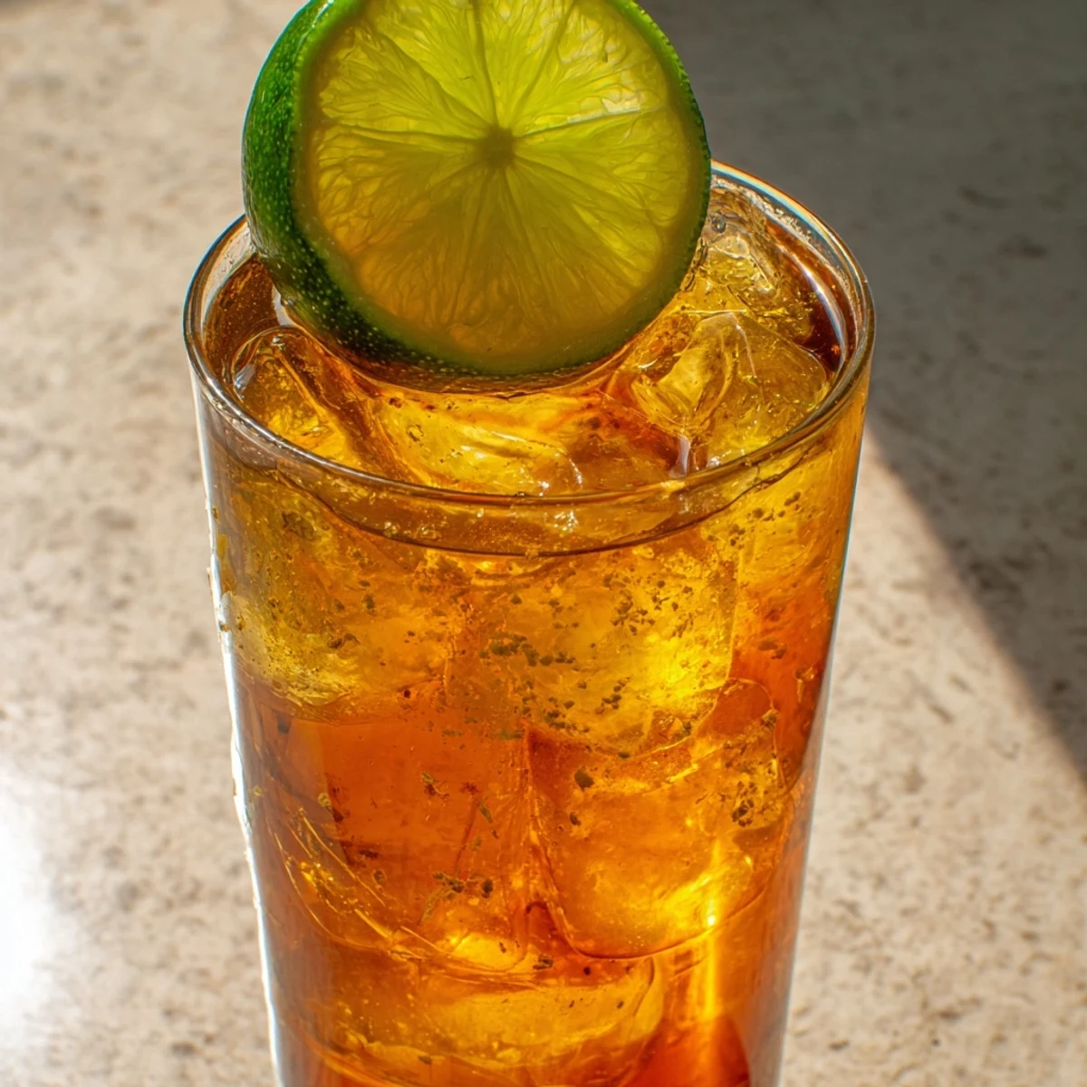 Tall glass of Thai lime iced tea garnished with fresh lime slice over ice