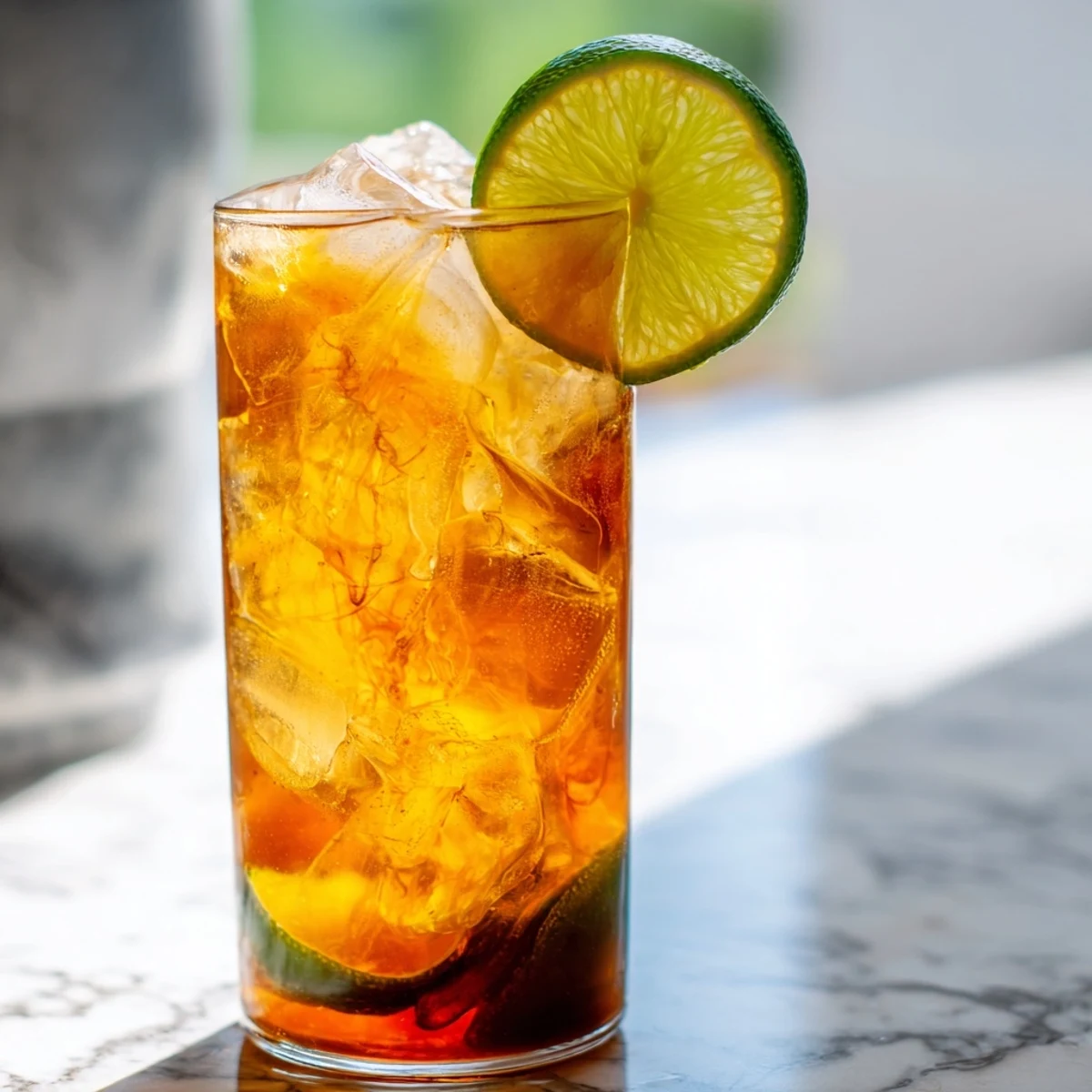 Refreshing Thai lime iced tea with clear ice cubes and green lime garnish in glass