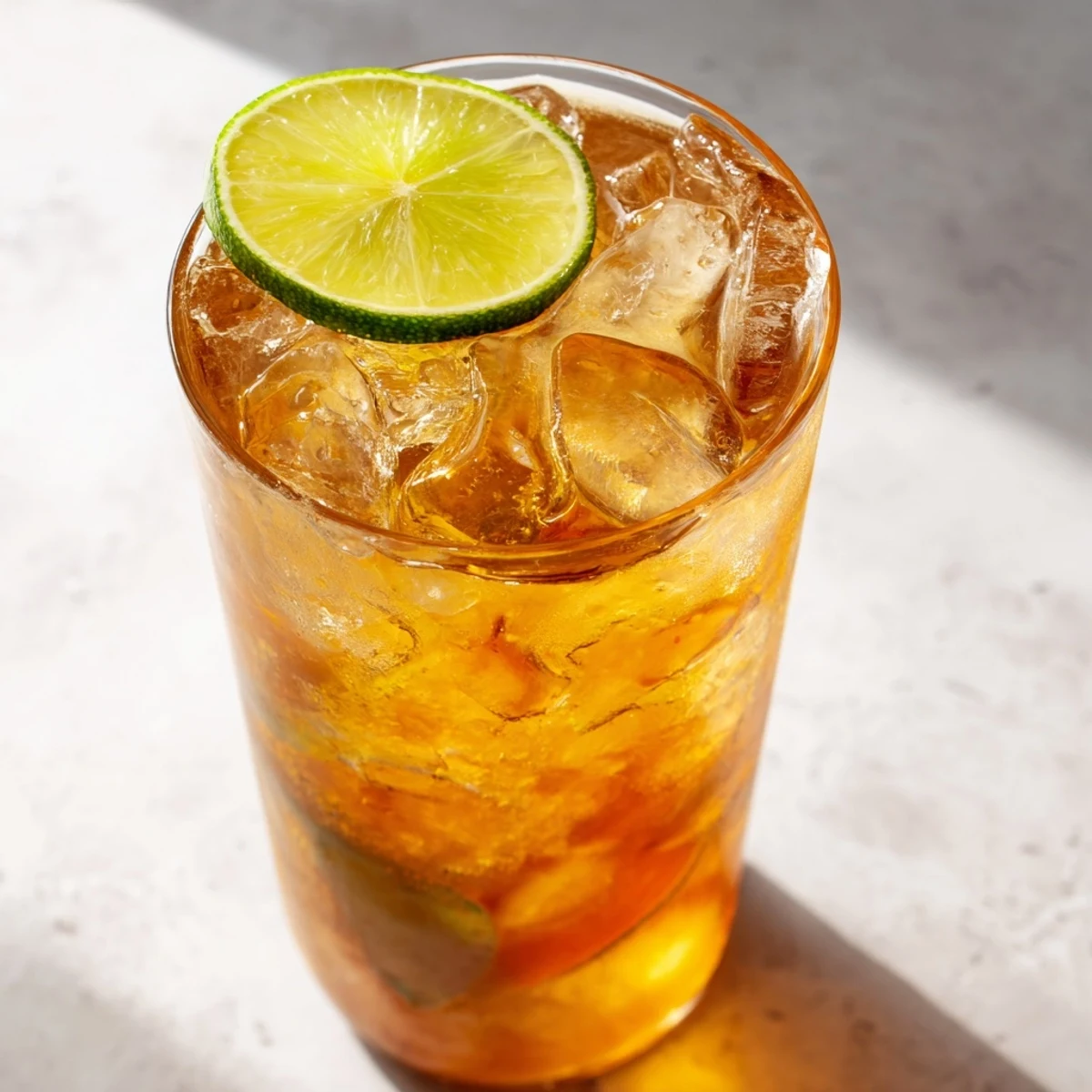 Golden amber Thai lime iced tea served in glass with ice cubes and lime wheel