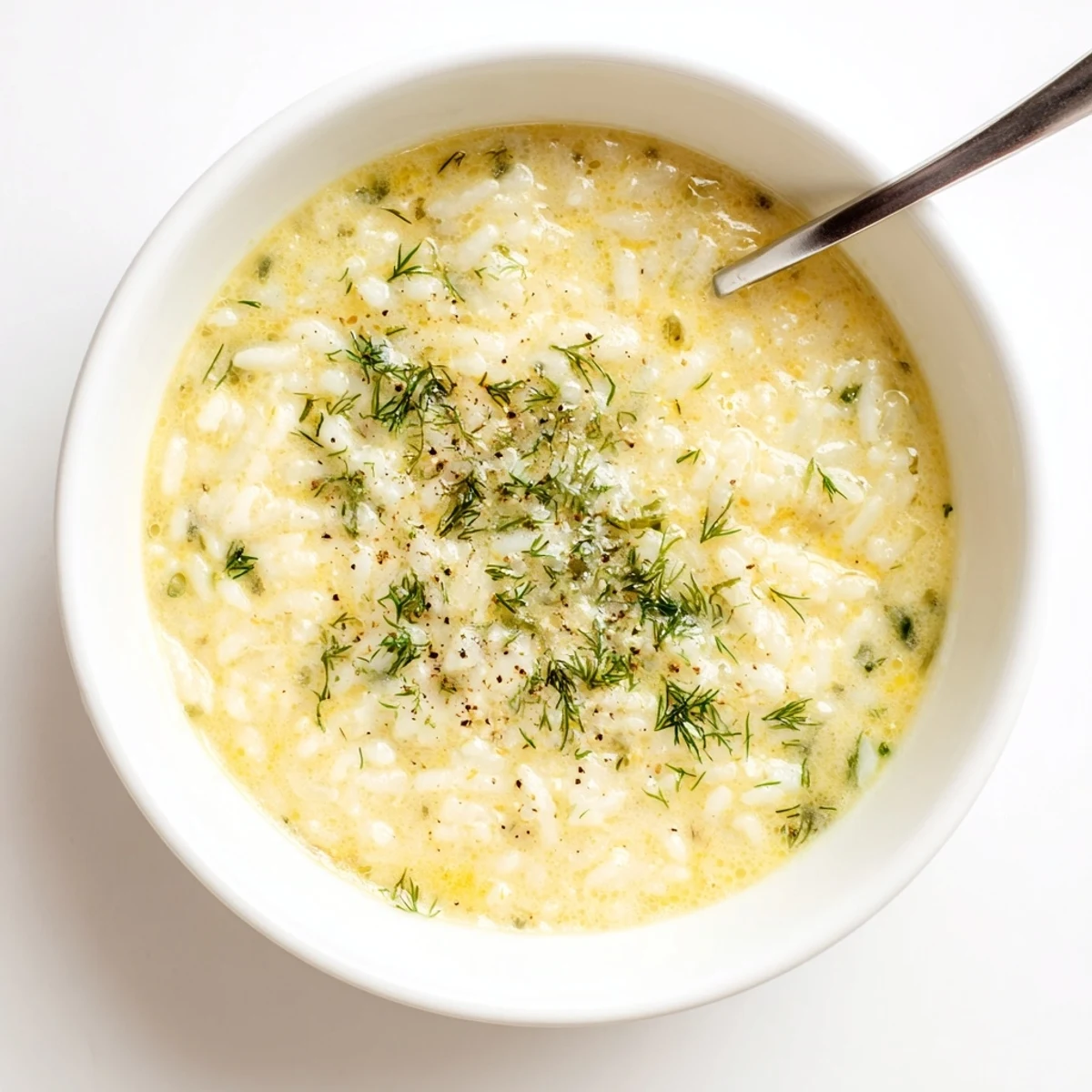 Creamy Greek egg and lemon soup featuring fluffy rice in a golden savory broth with bright citrus notes