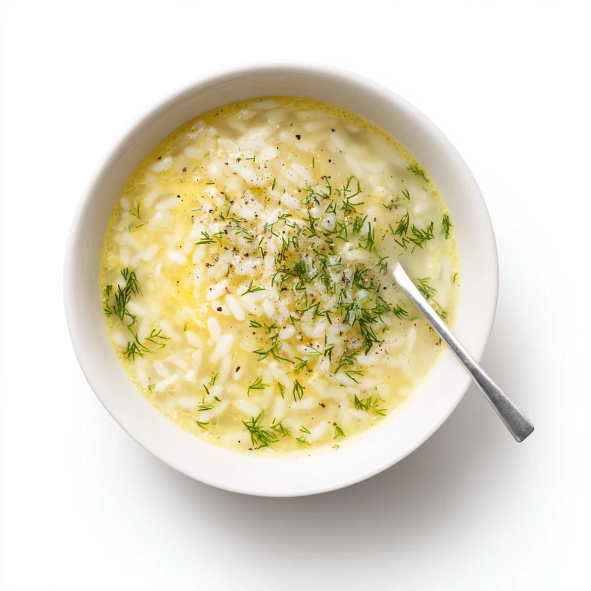 Silky smooth Greek egg and lemon soup with tender rice grains floating in rich chicken broth