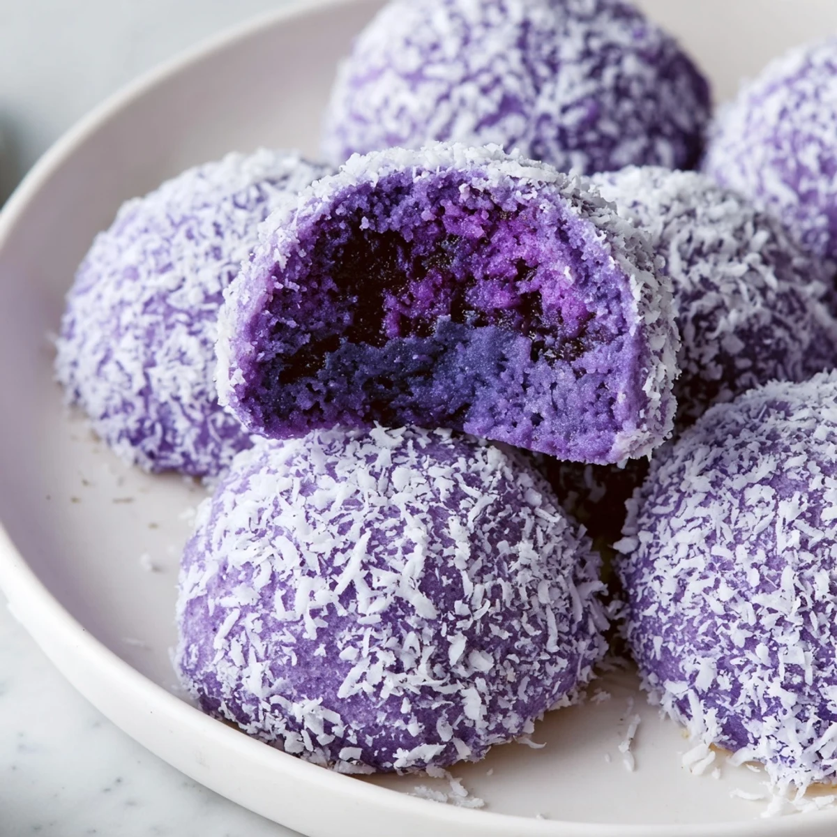 Golden brown Coconut Ube Besito cookies coated in shredded coconut on a white plate