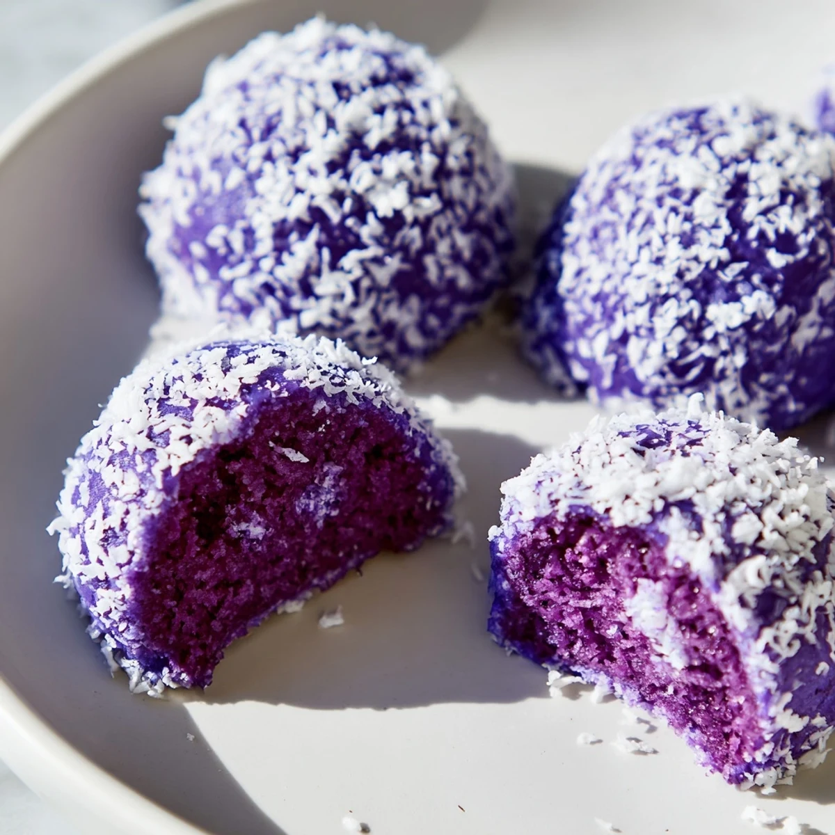 Tender bite-sized Coconut Ube Besito cookies with coconut coating ready for sharing