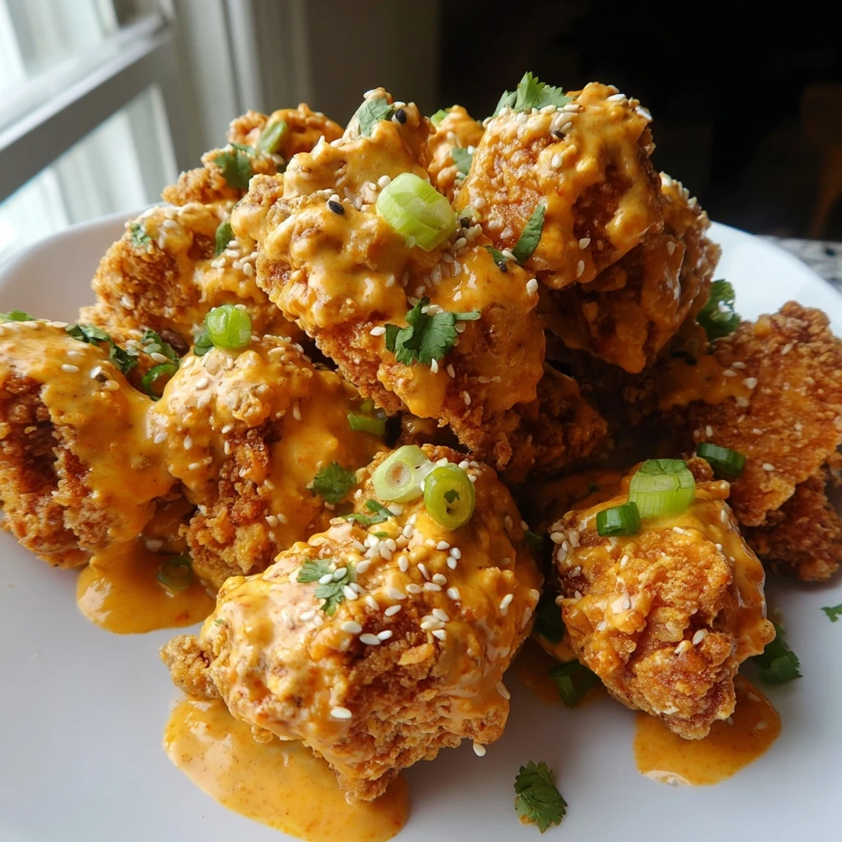 Golden crispy Spicy Bang Bang Chicken pieces coated in creamy red sauce with scallions and sesame seeds