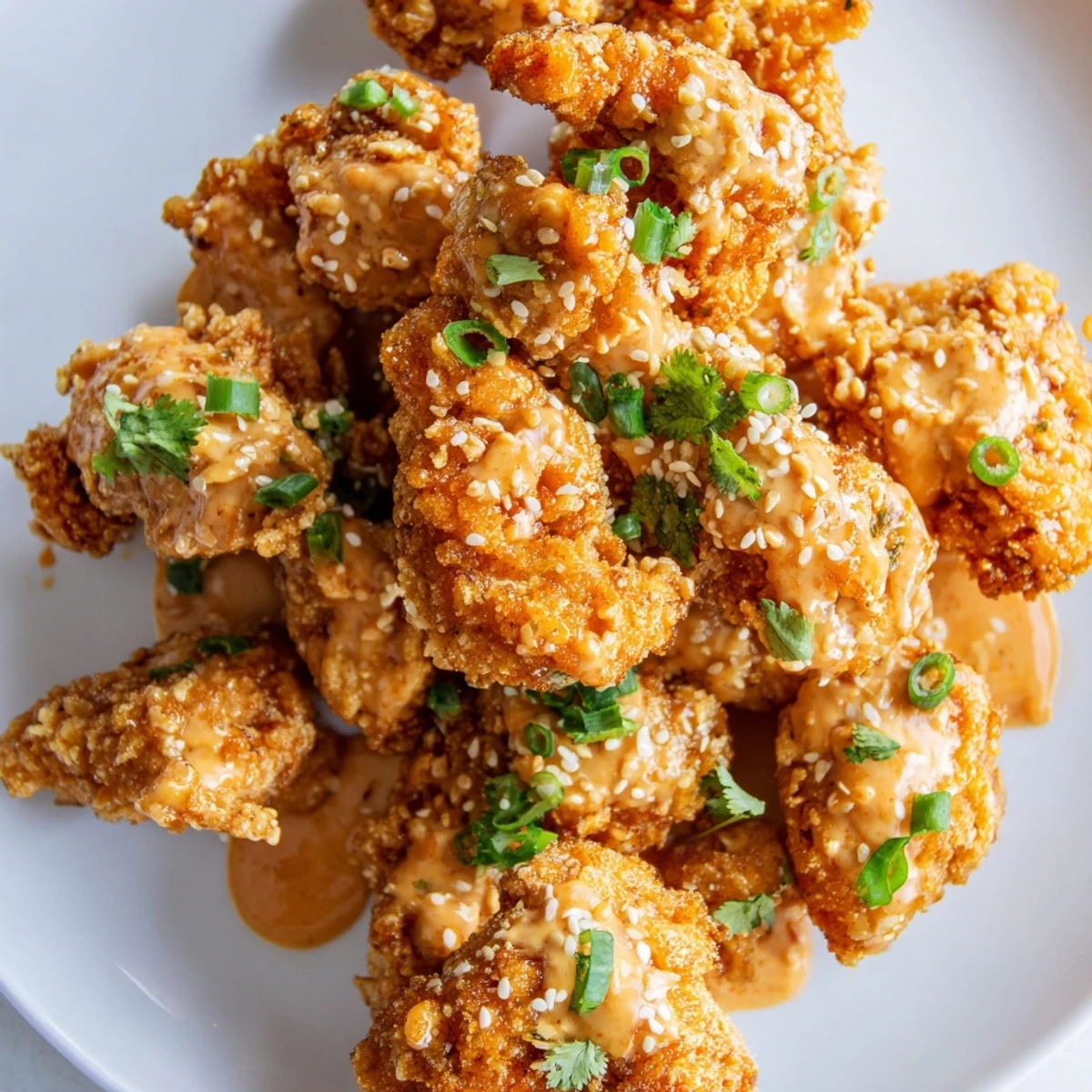 Plate of Spicy Bang Bang Chicken drizzled with spicy mayonnaise sauce and garnished with fresh green herbs