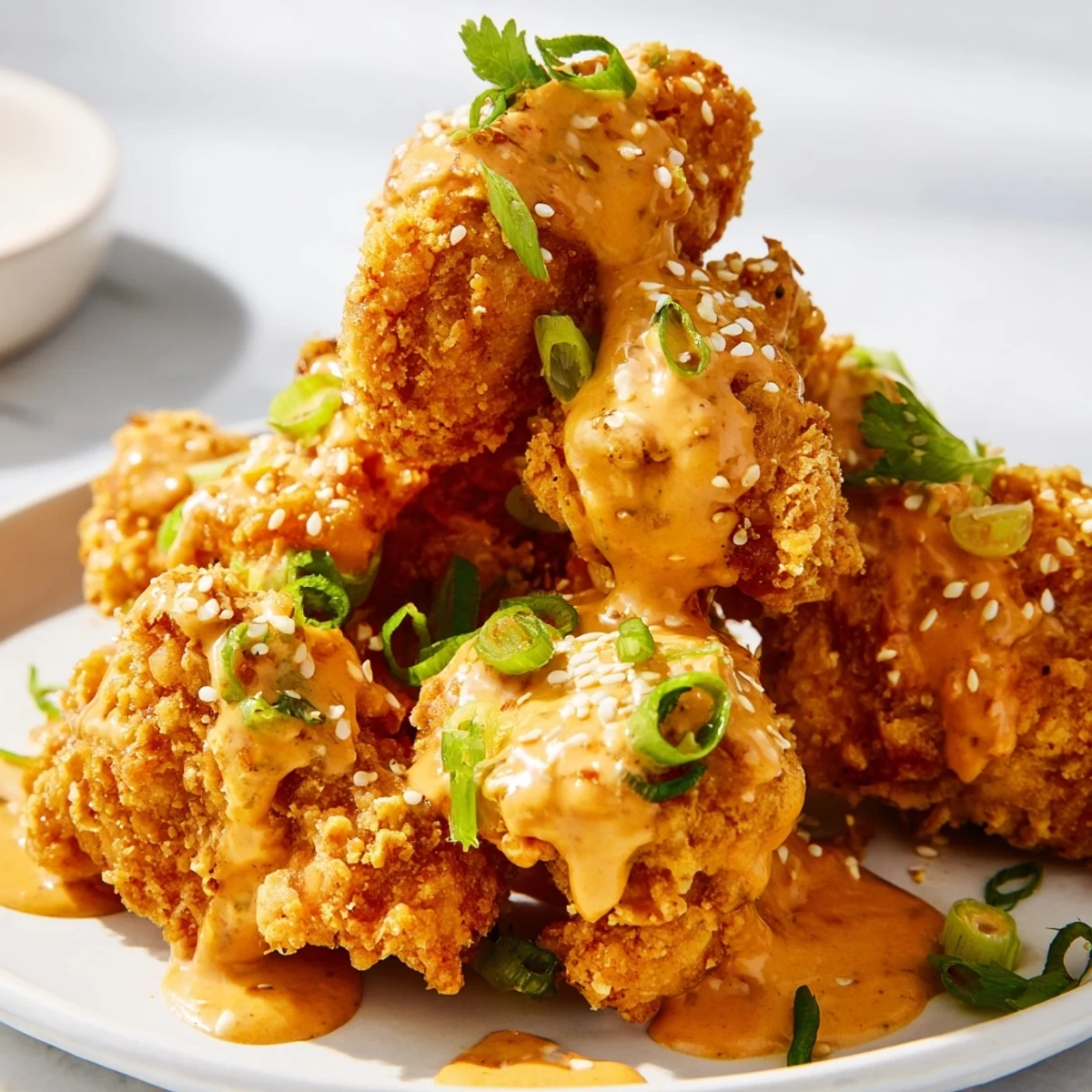 Bite-sized fried chicken tossed in Bang Bang sauce topped with toasted sesame seeds and chopped cilantro