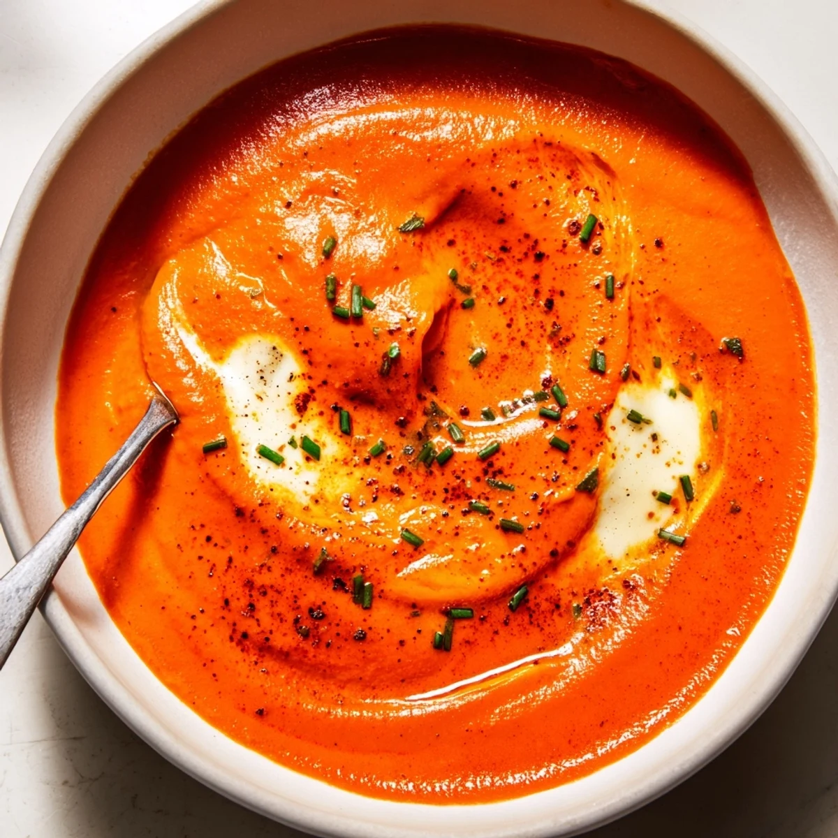 Creamy roasted red pepper Gouda soup garnished with fresh chives and extra shredded cheese