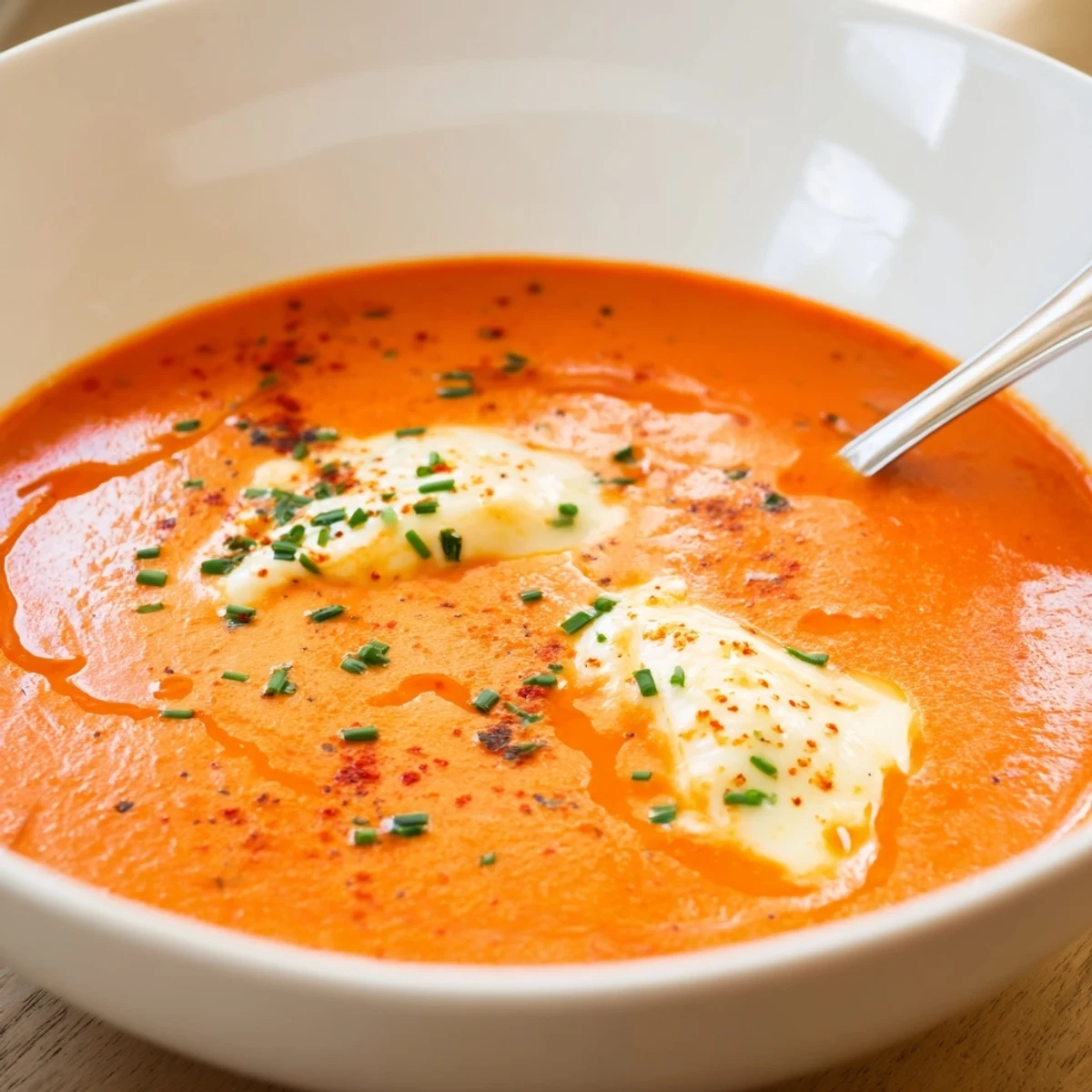Steaming bowl of roasted red pepper Gouda soup with smooth velvety orange-red texture