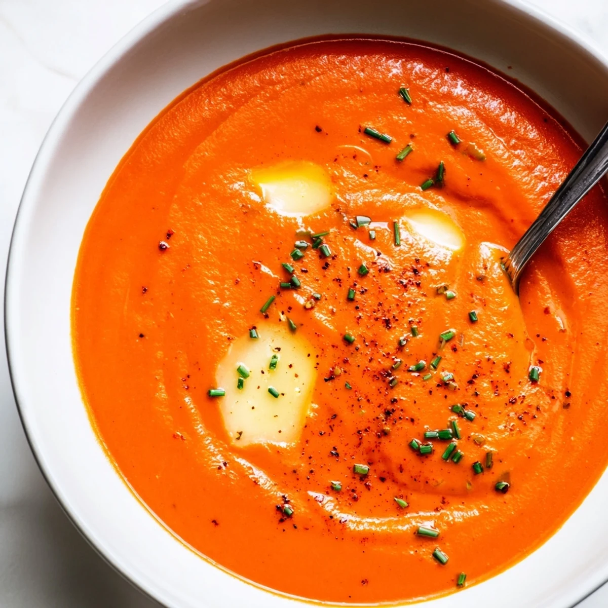 Spoonful of rich roasted red pepper Gouda soup topped with melted cheese and herbs
