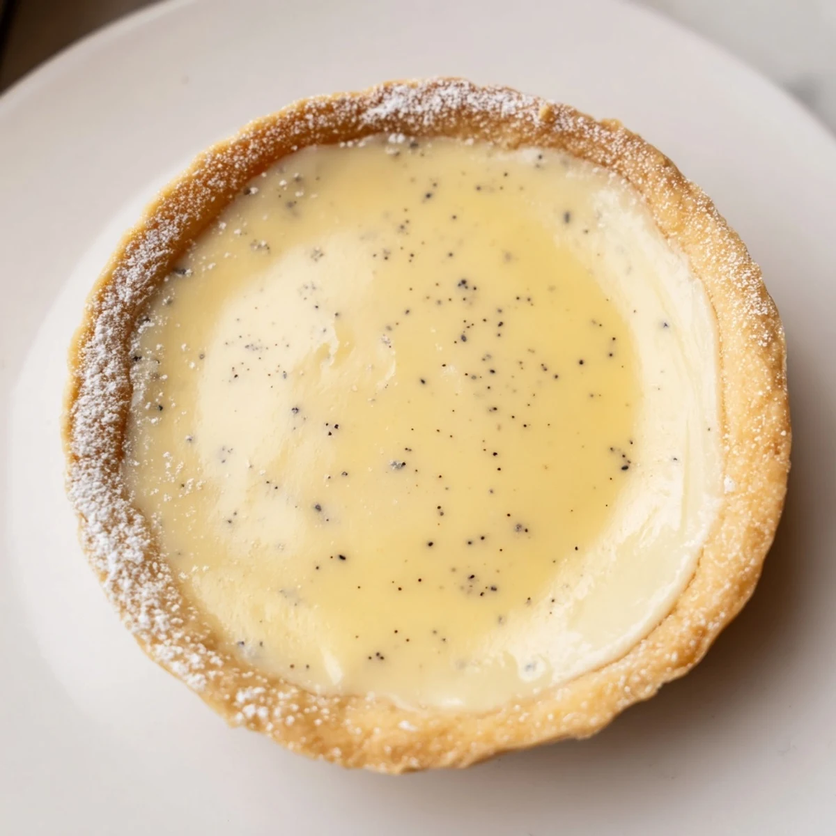 Golden vanilla bean pastry cream tart with smooth custard filling in crisp buttery crust