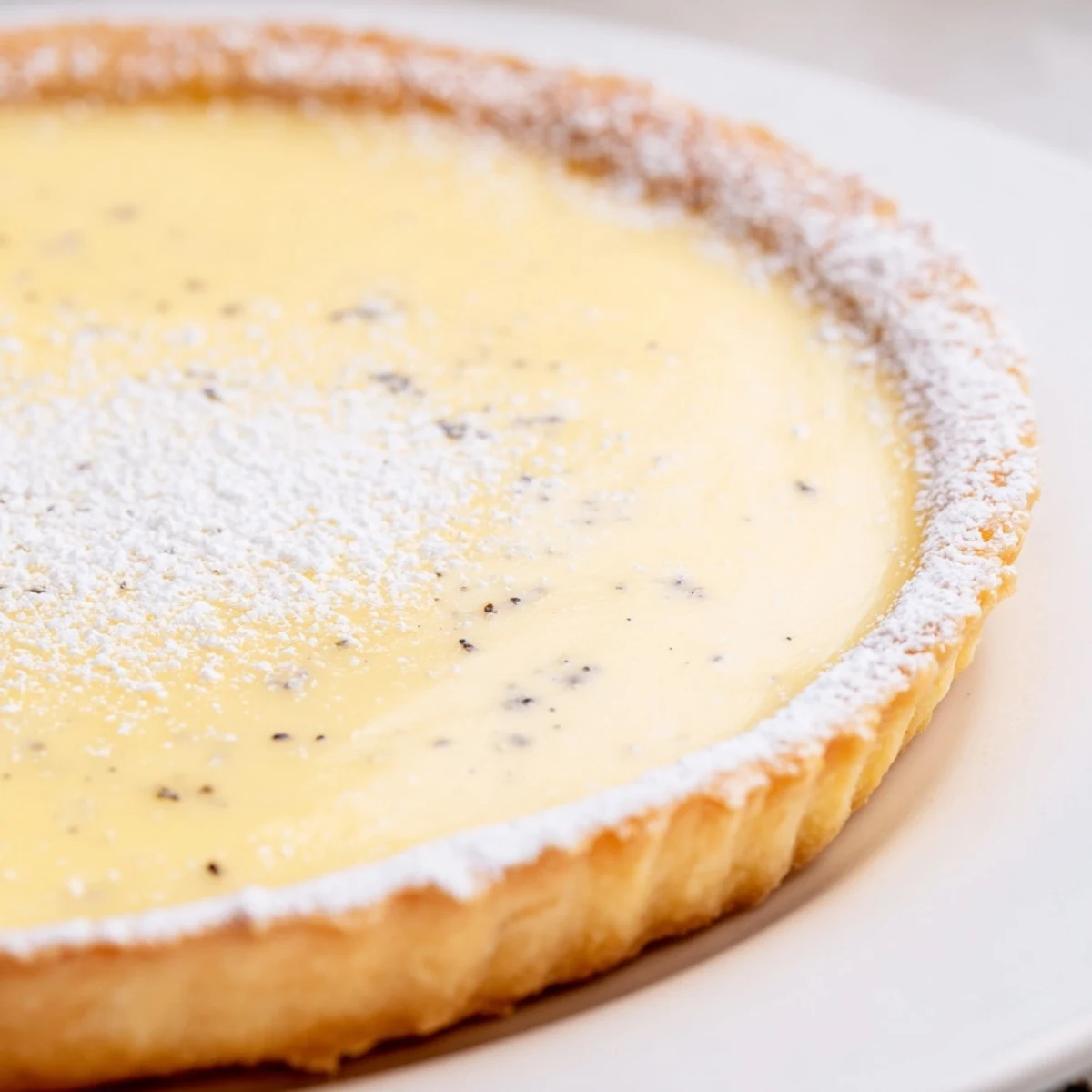 Silky vanilla bean pastry cream tart topped with fresh berries and dusted powdered sugar