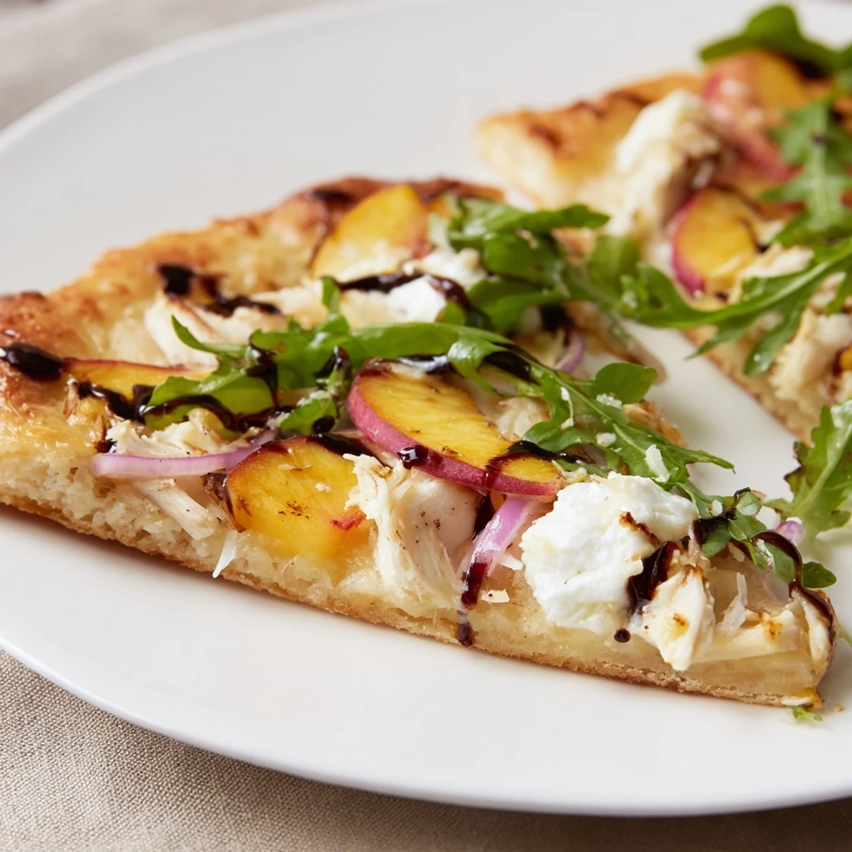 Slice of chicken peach ricotta pizza featuring ripe peaches and sweet balsamic swirl