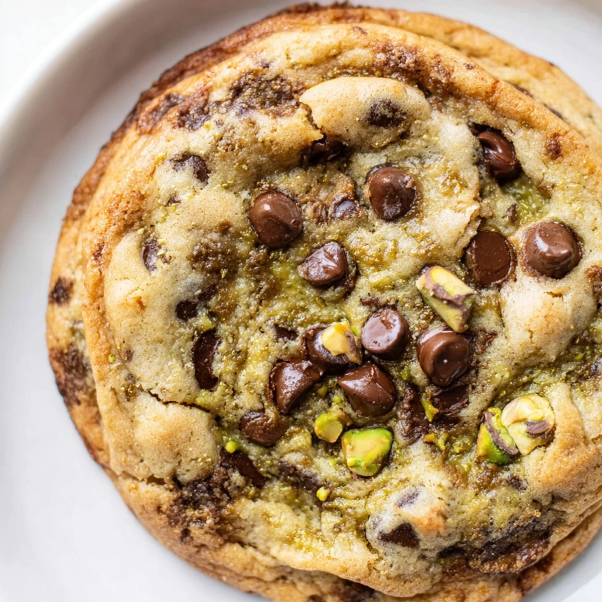Soft pistachio cream chocolate chip cookies on a white plate with melted chocolate chips visible