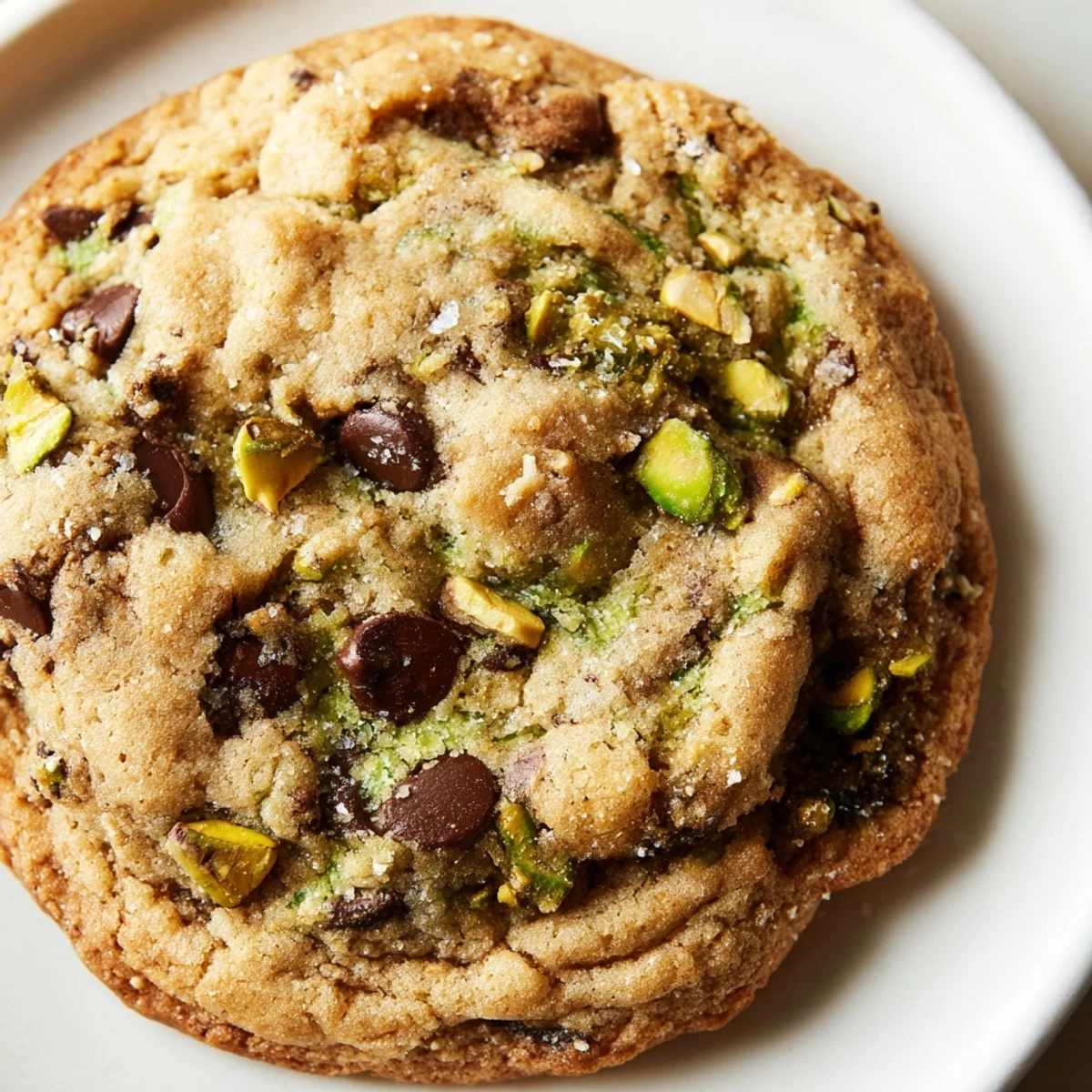 Chewy pistachio cream chocolate chip cookies stacked on a wooden board with chopped pistachio garnish