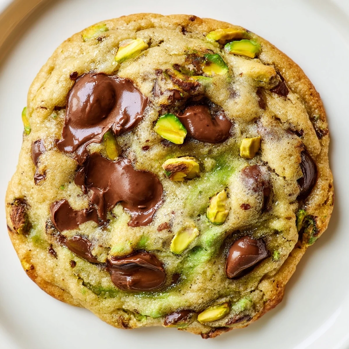 Freshly baked pistachio cream chocolate chip cookies with golden edges and a glass of milk