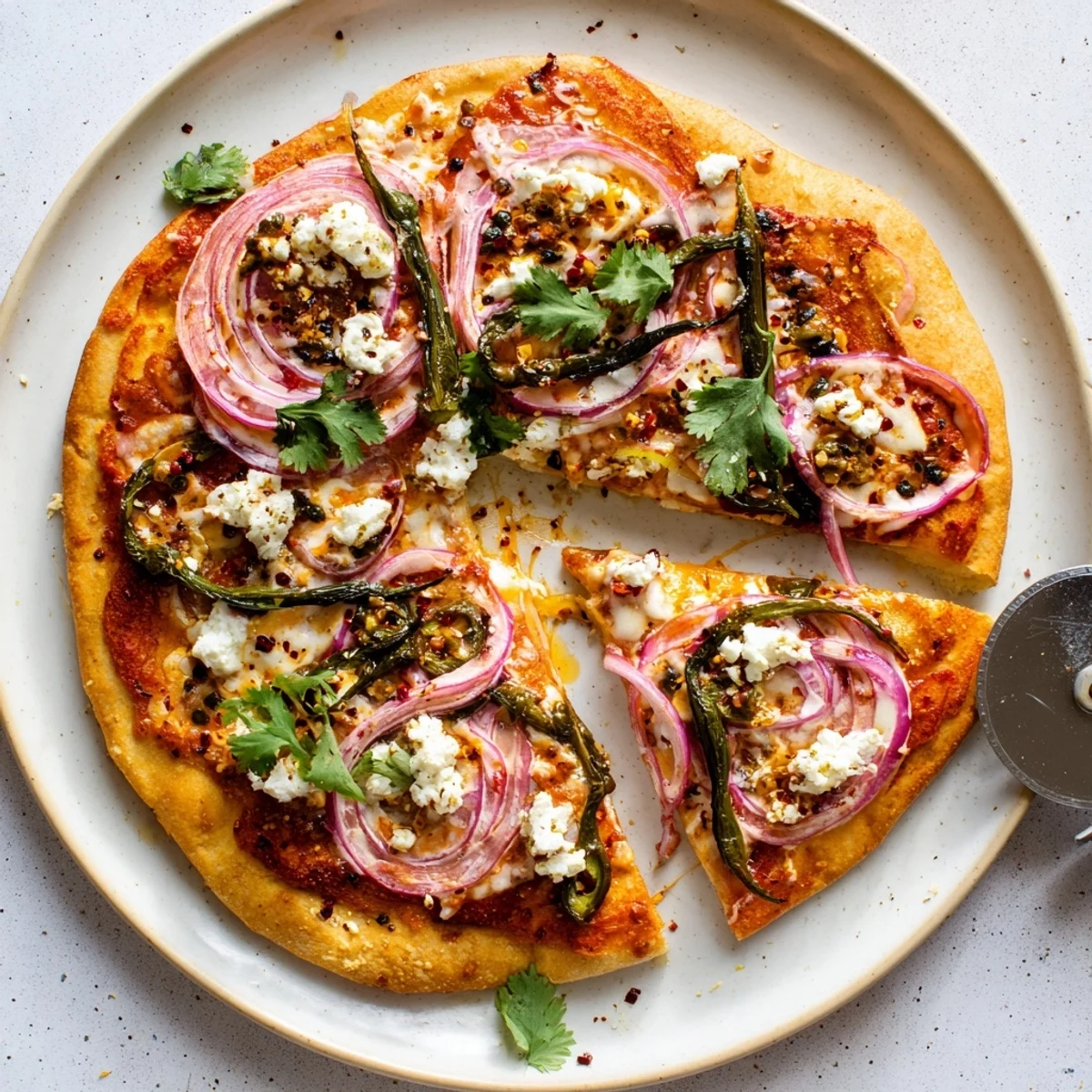Golden crust pizza topped with roasted poblano peppers, melted mozzarella, and fresh cilantro