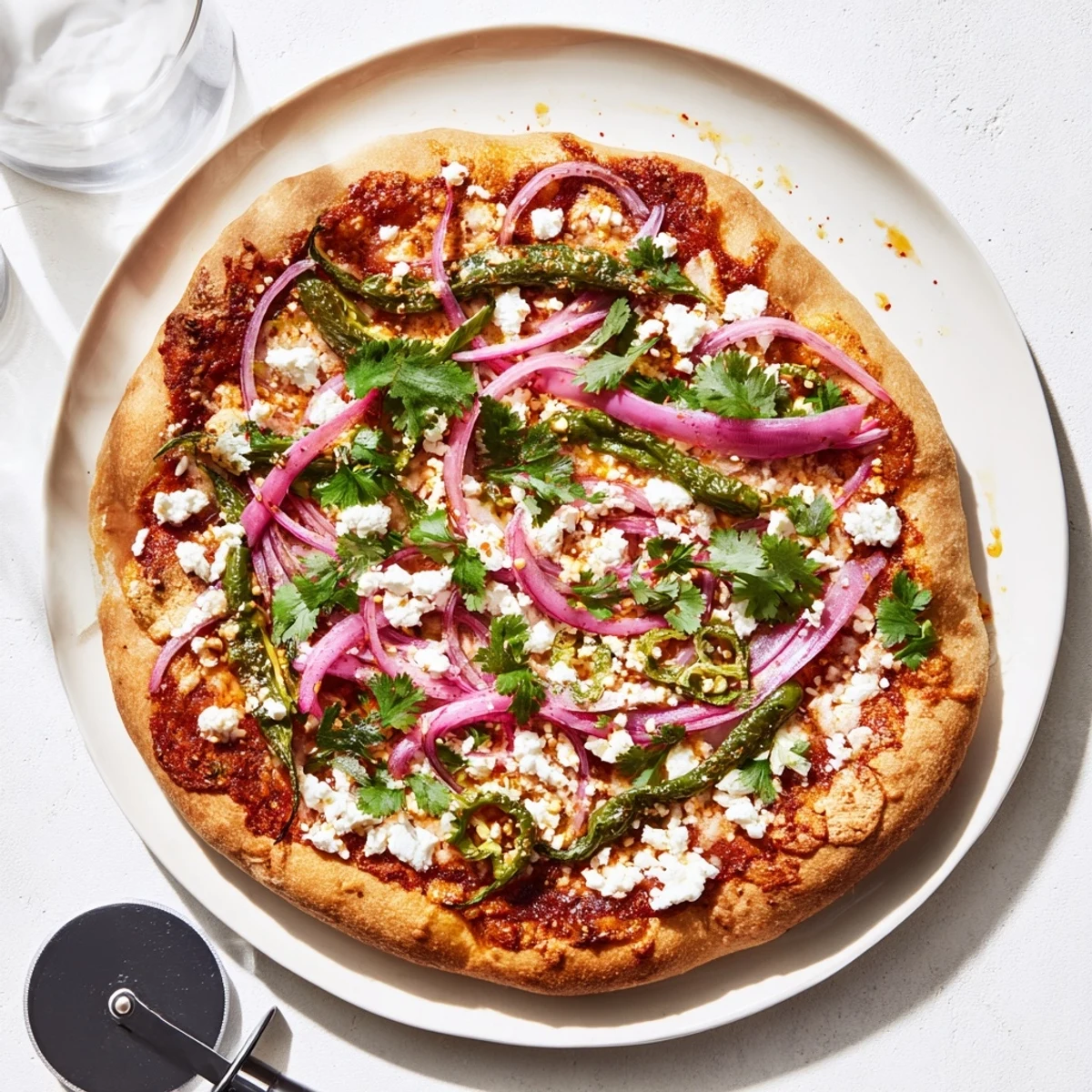 Sizzling slice of poblano pizza with charred peppers, red onion, and queso fresco