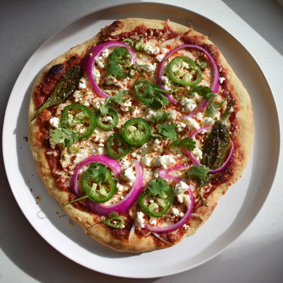 Homemade pizza featuring roasted poblano strips, bubbling cheese, and vibrant cilantro garnish