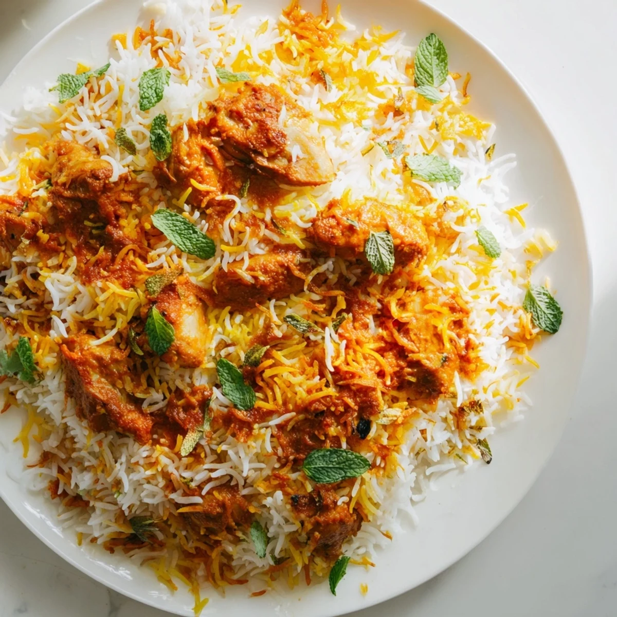 Golden butter chicken biryani layered with fragrant basmati rice and saffron drizzle