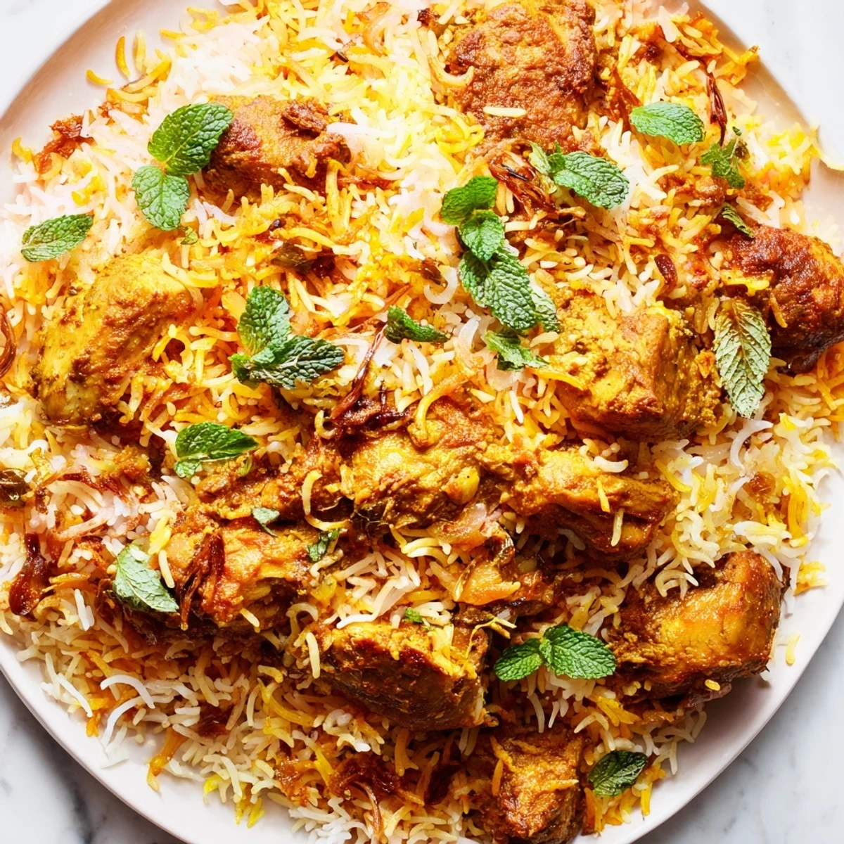 Rich creamy butter chicken biryani topped with fresh herbs and golden saffron milk