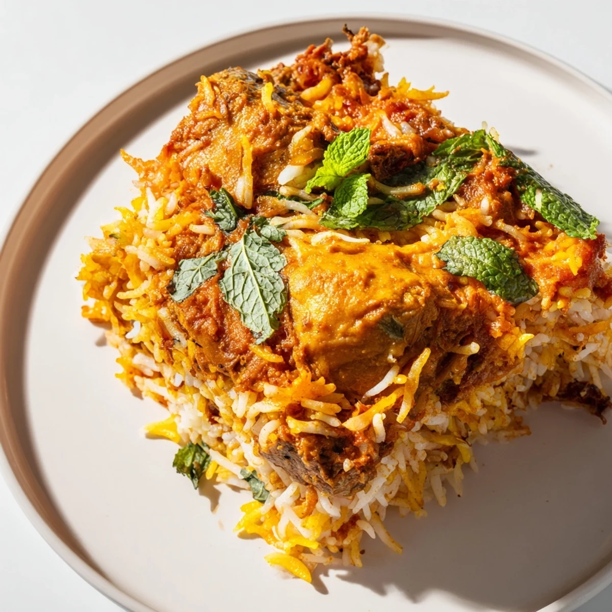 Tender spiced chicken atop aromatic rice garnished with cilantro and fried onions