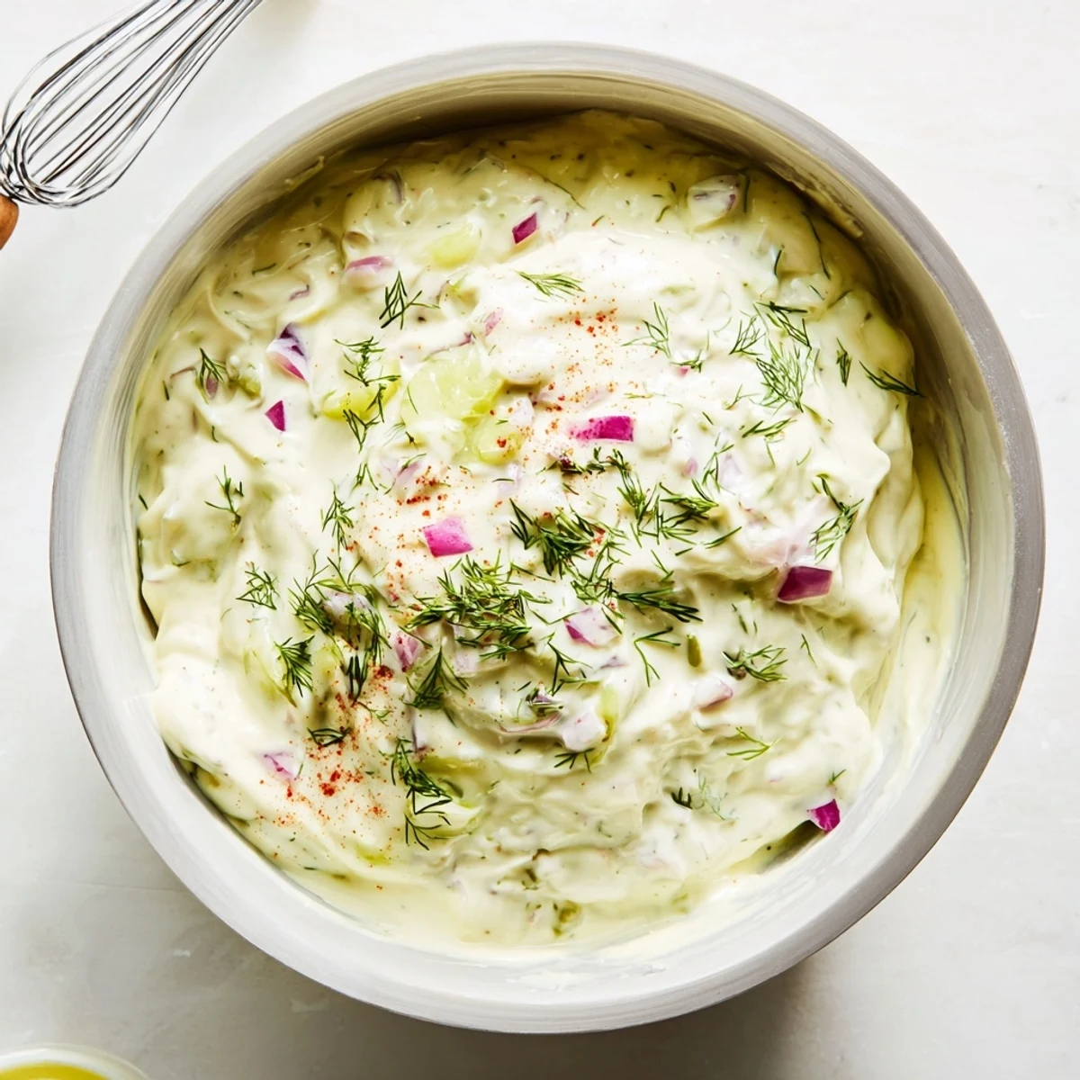 Thick spicy dill pickle burger sauce dolloped on a white serving dish