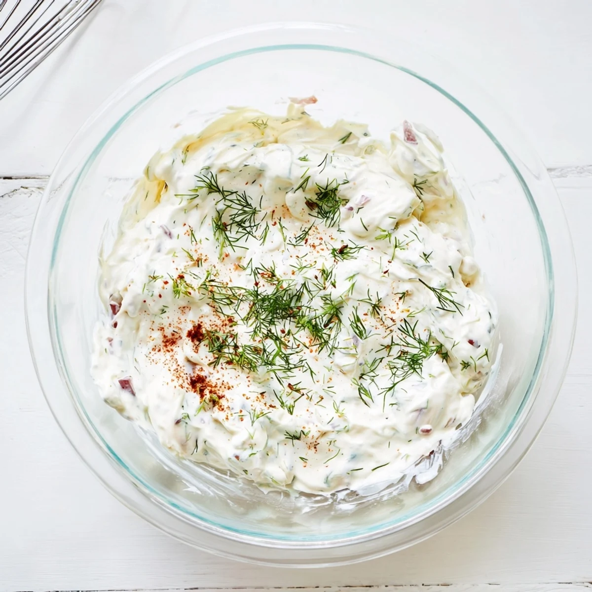 Creamy spicy dill pickle burger sauce with chopped pickles and fresh herbs