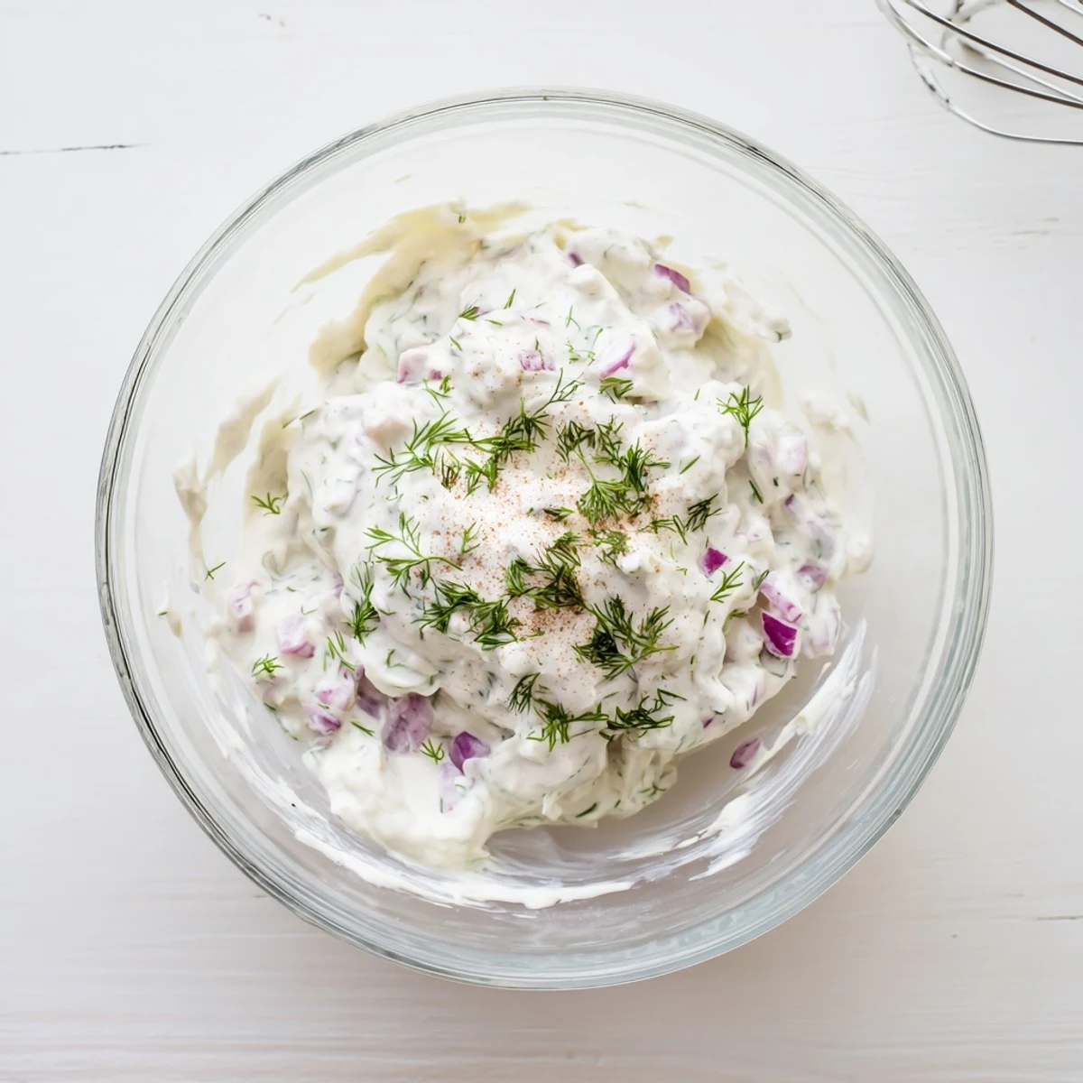 Vibrant spicy dill pickle burger sauce flecked with green dill and red onion