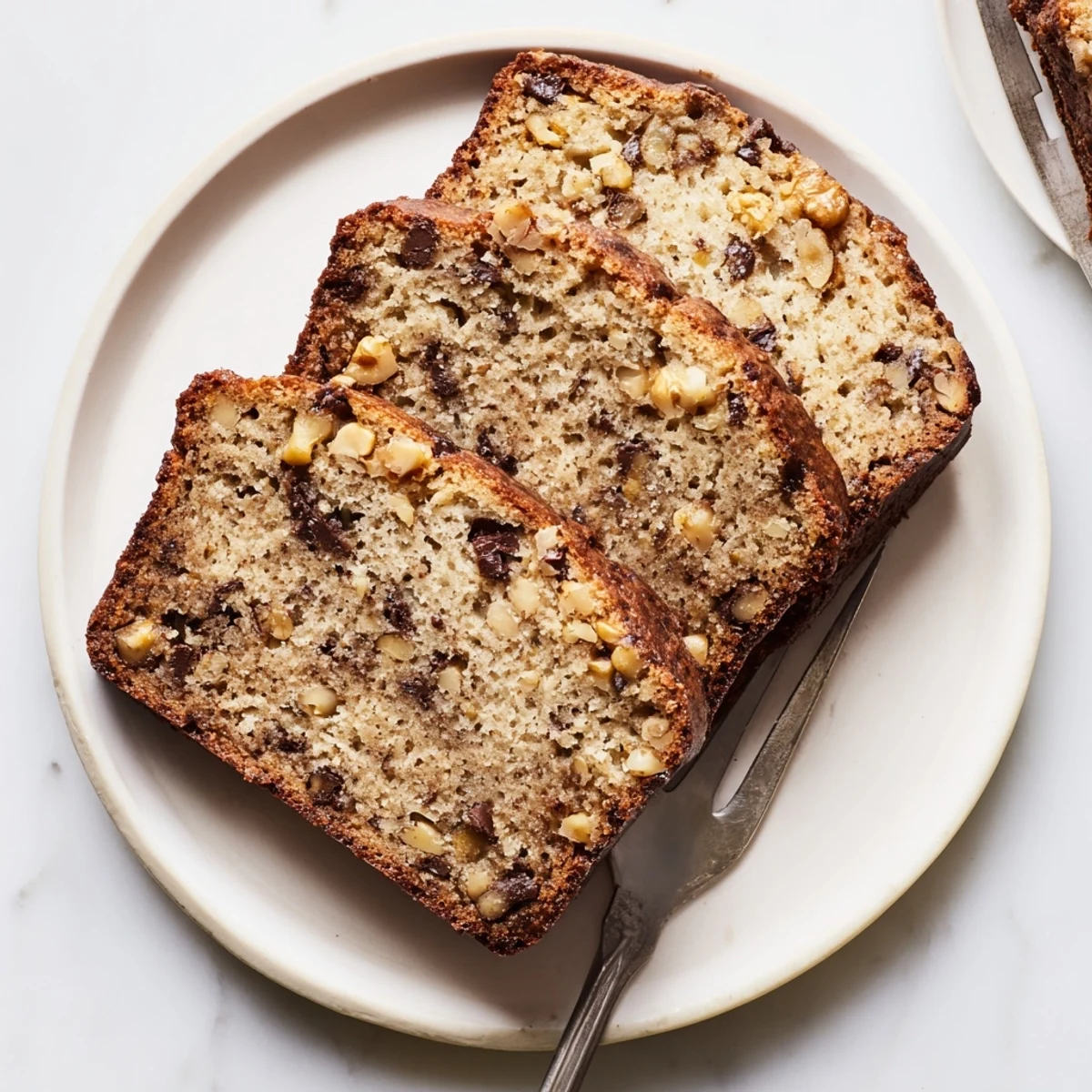 Golden brown moist banana bread with sour cream sliced on a wooden cutting board