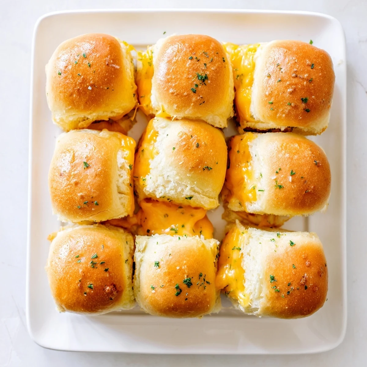 Batch of Hawaiian roll sliders baked to buttery perfection with gooey cheese on a serving platter