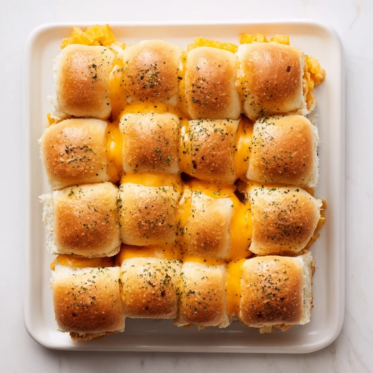 Twelve bite-sized grilled cheese sandwiches made with sweet Hawaiian rolls and crispy golden toasted tops
