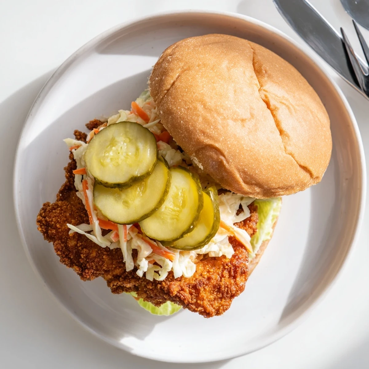 Golden crispy Southern fried chicken burgers stacked with tangy slaw and pickles on toasted buns