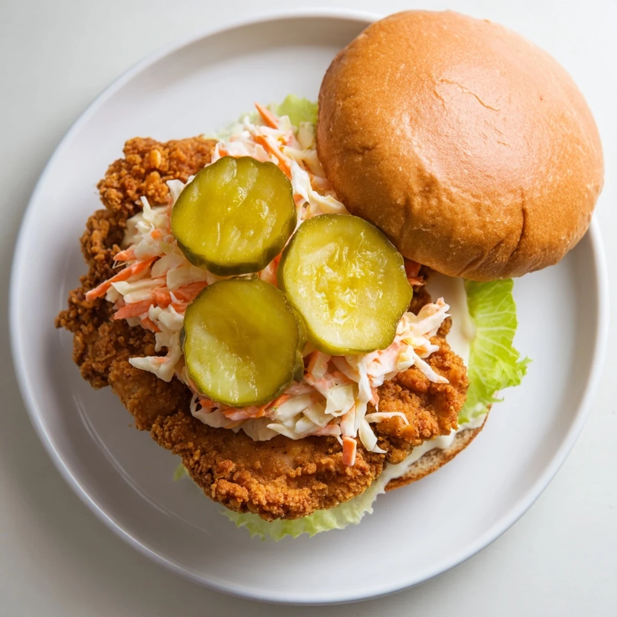 Juicy buttermilk fried chicken thighs topped with creamy cabbage slaw inside soft burger buns