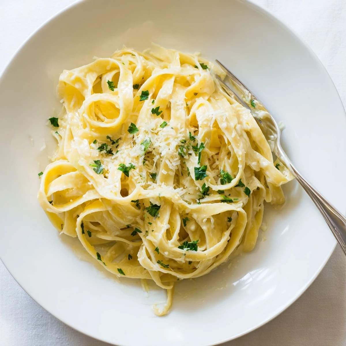 Golden fettuccine noodles coated in rich, velvety Alfredo sauce with freshly grated Parmesan