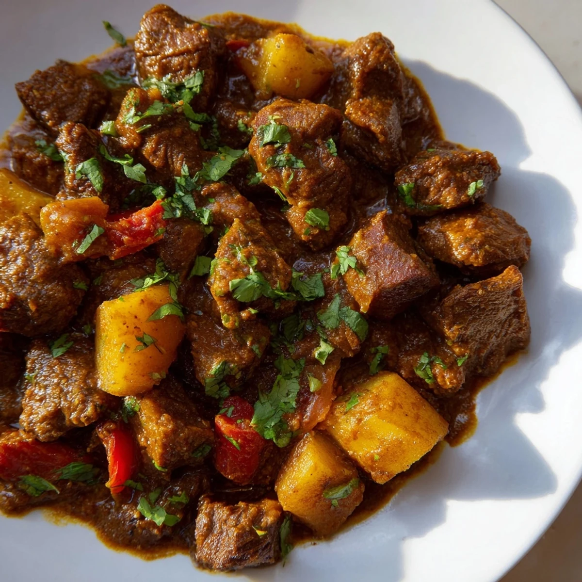 Hearty bowl of slow cooker Indian beef curry served over fluffy white rice with potatoes and onions