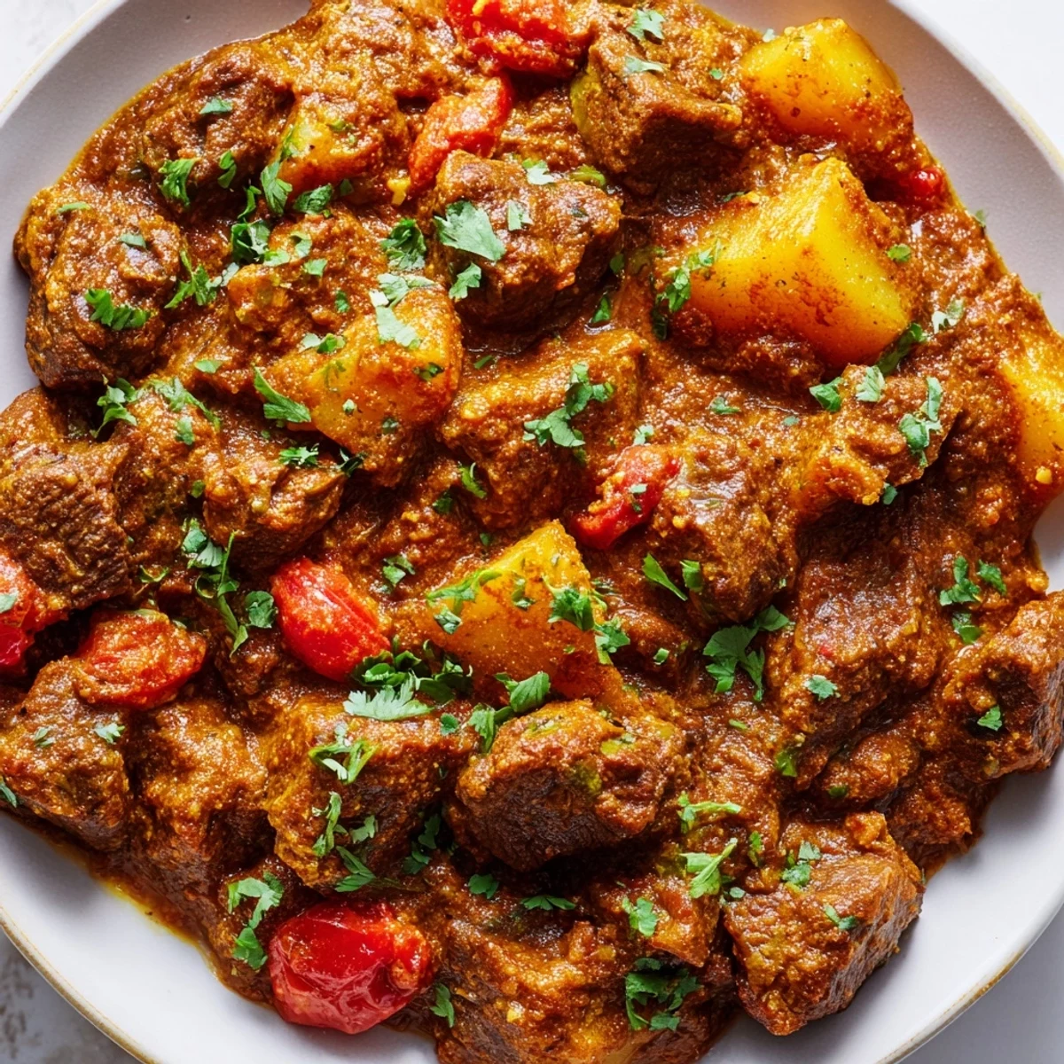 Slow cooker Indian beef curry featuring tender chunks of beef in a rich, aromatic coconut sauce with fresh cilantro garnish