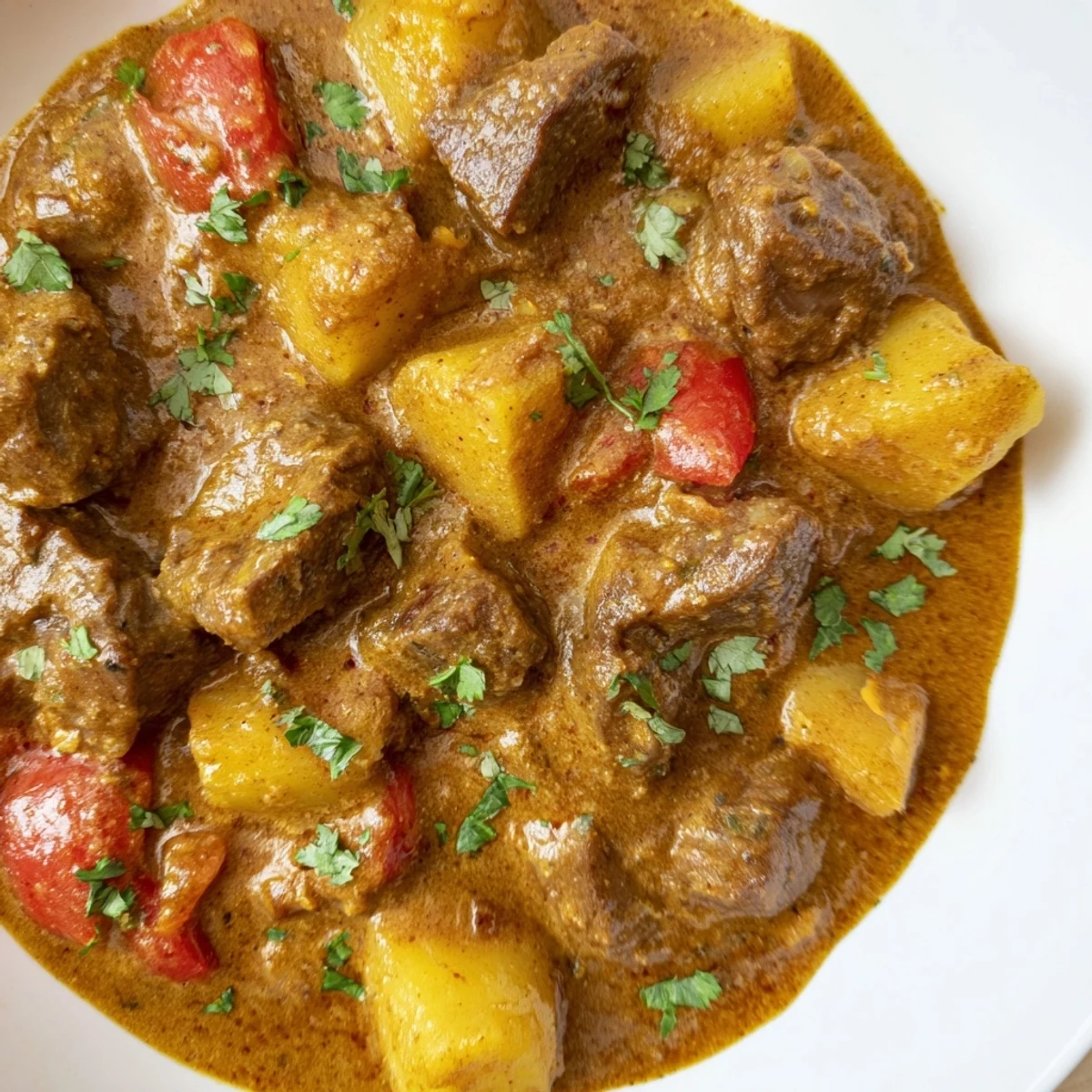 Golden slow cooker Indian beef curry bubbling with tender beef pieces, aromatic spices, and creamy coconut milk base