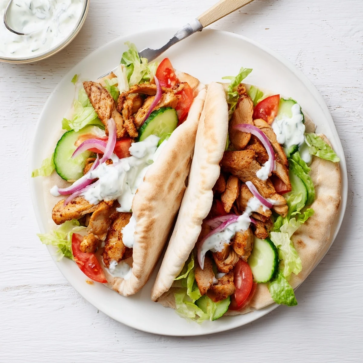 Juicy spiced chicken shawarma sliced and wrapped in warm pita with crisp vegetables