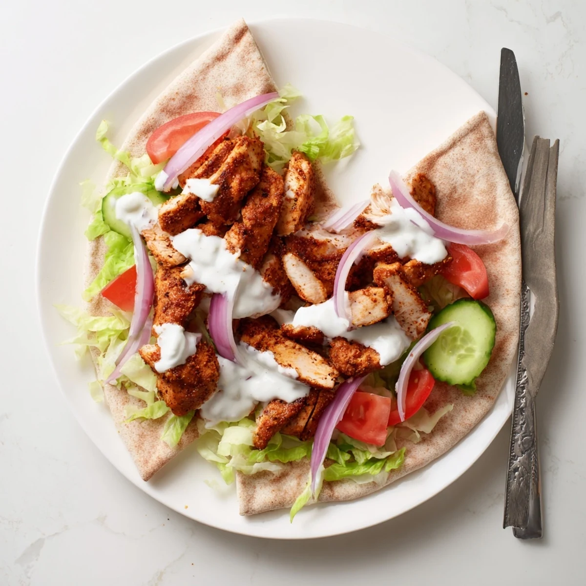 Tender marinated chicken shawarma with fresh tomatoes, cucumber, and creamy garlic yogurt sauce