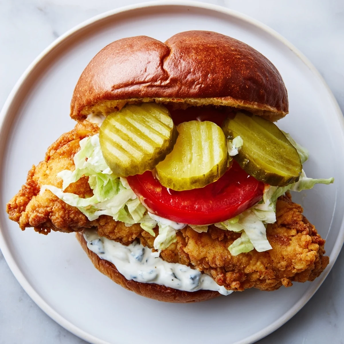 Crispy golden fried chicken breast topped with creamy sauce and fresh vegetables on toasted brioche bun
