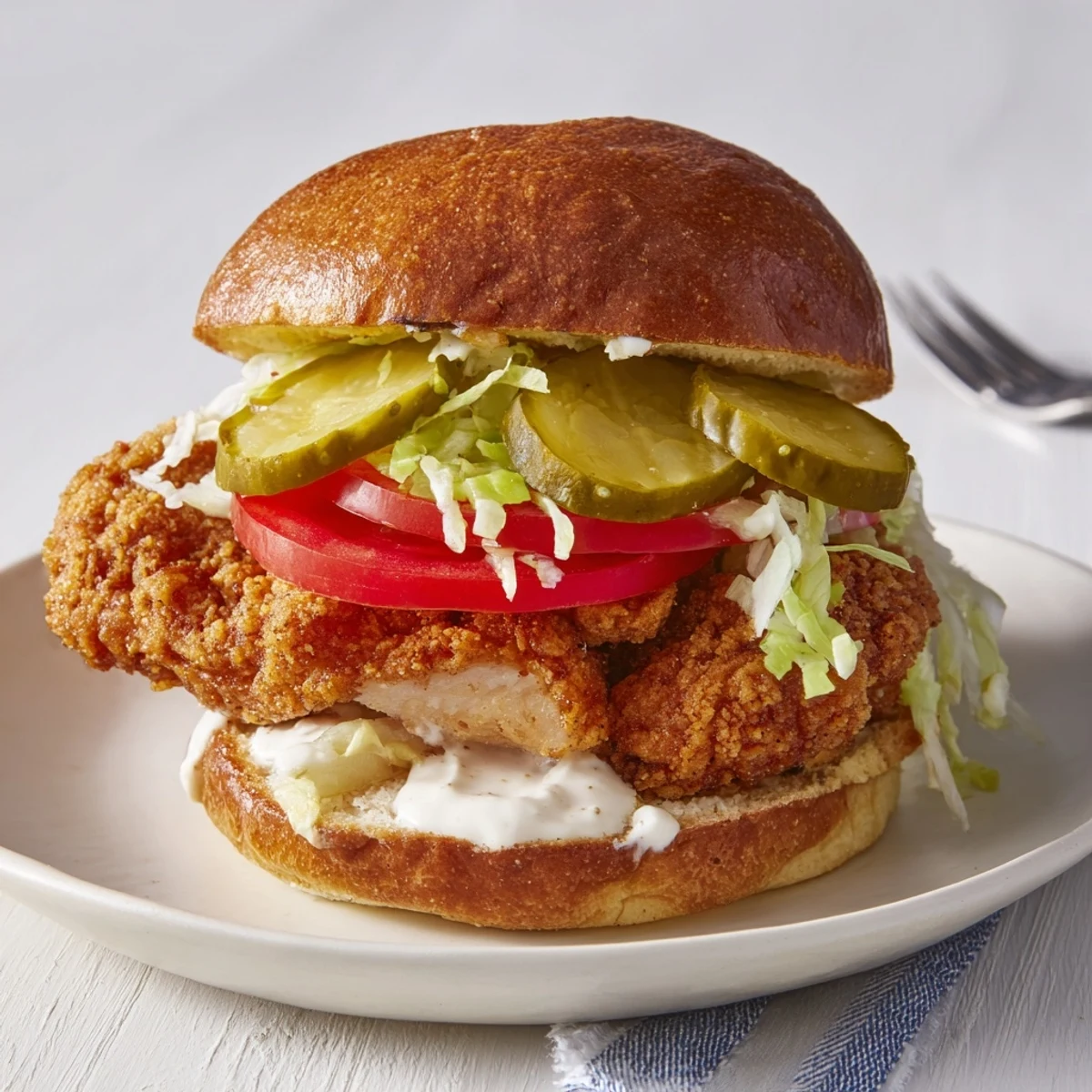 Spicy chicken sandwich featuring crunchy pickles sliced tomato lettuce and tangy homemade sauce on soft bun