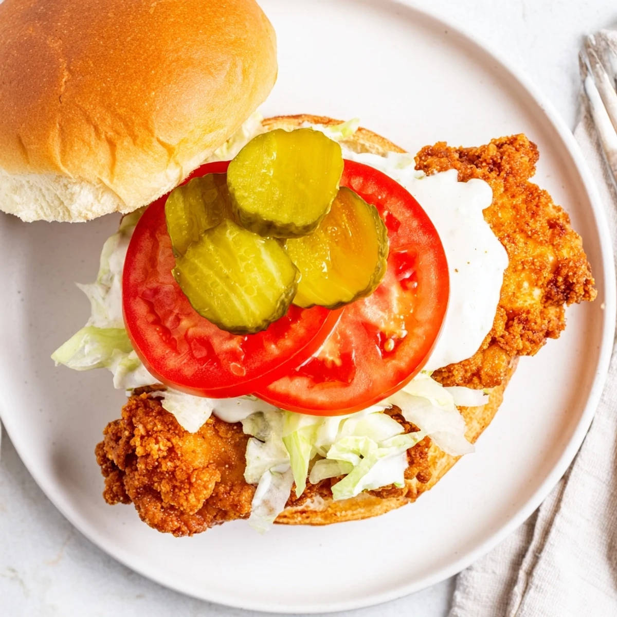 Golden brown spicy fried chicken sandwich layered with crisp vegetables and cool creamy sauce on brioche