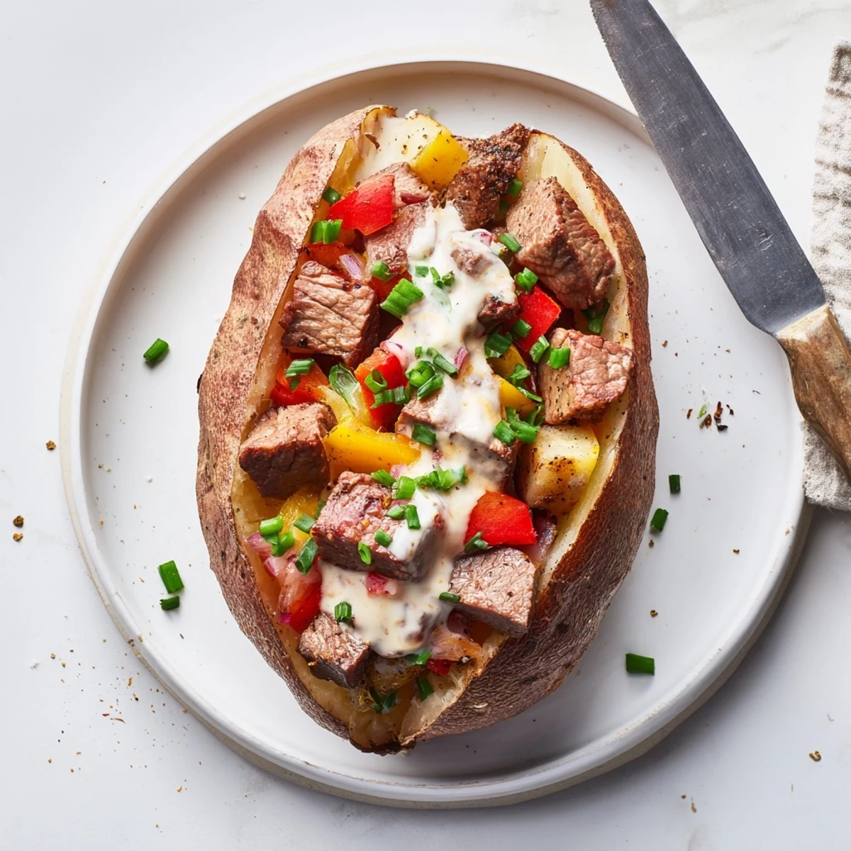 Golden baked potato stuffed with juicy steak cubes and drizzled with rich Parmesan cream sauce