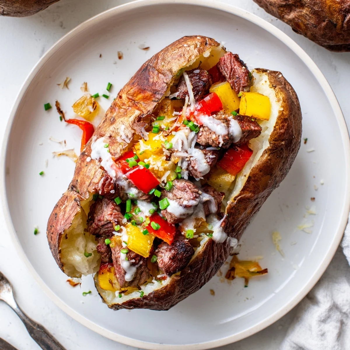 Fluffy russet potato filled with savory steak and vegetables topped with creamy white Parmesan sauce