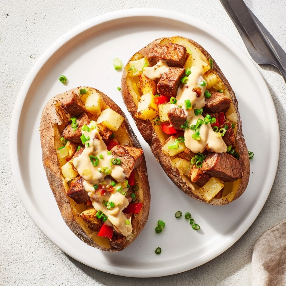 Loaded steak stuffed baked potato with tender meat pieces and velvety Parmesan cream sauce garnished with chives