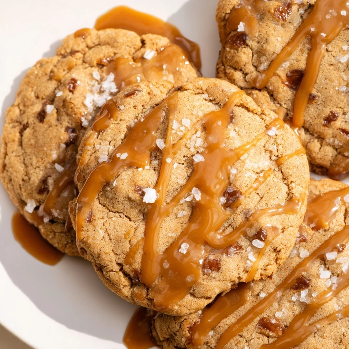 Golden brown sticky toffee pudding cookies drizzled with warm caramel glaze on a white plate
