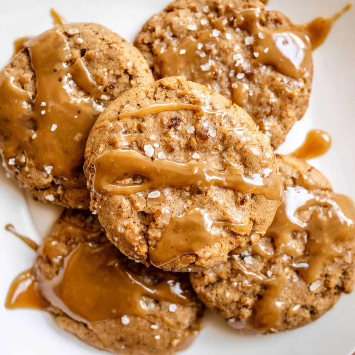 Soft baked sticky toffee pudding cookies stacked showing rich brown sugar glaze dripping down sides