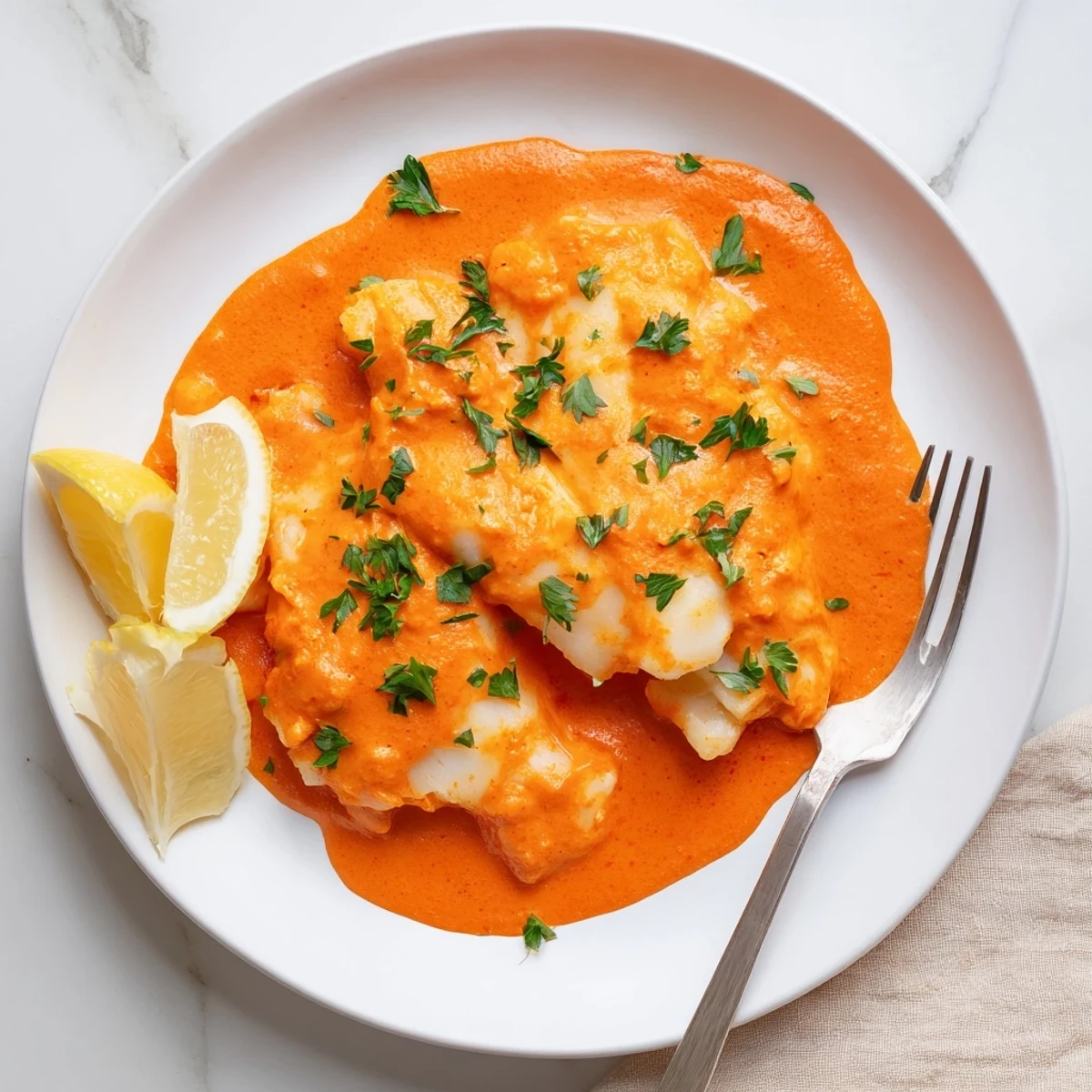 Tender flaky cod fillets nestled in a creamy vibrant roasted red pepper sauce with fresh parsley garnish